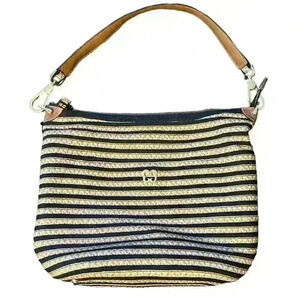 ERIC JAVITZ Gold and Black Striped Straw Squishee Woven Green Lined Handbag